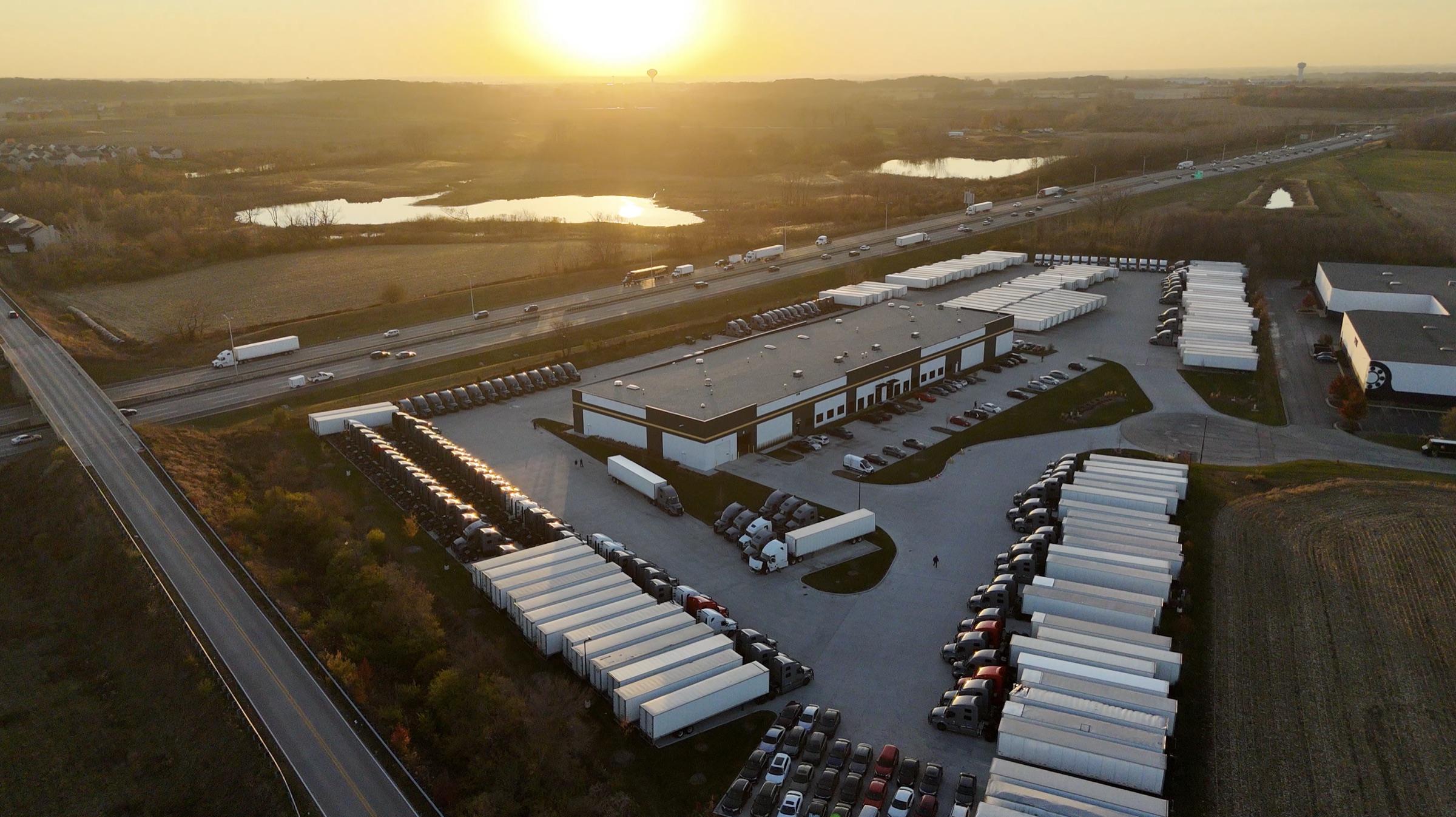Drone view of the Huntley yard at golden hour